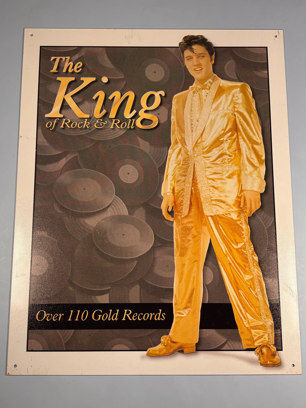 Collectible Tin Sign Elvis Presley The King Rock Roll 110 Gold Records 12.5x16”